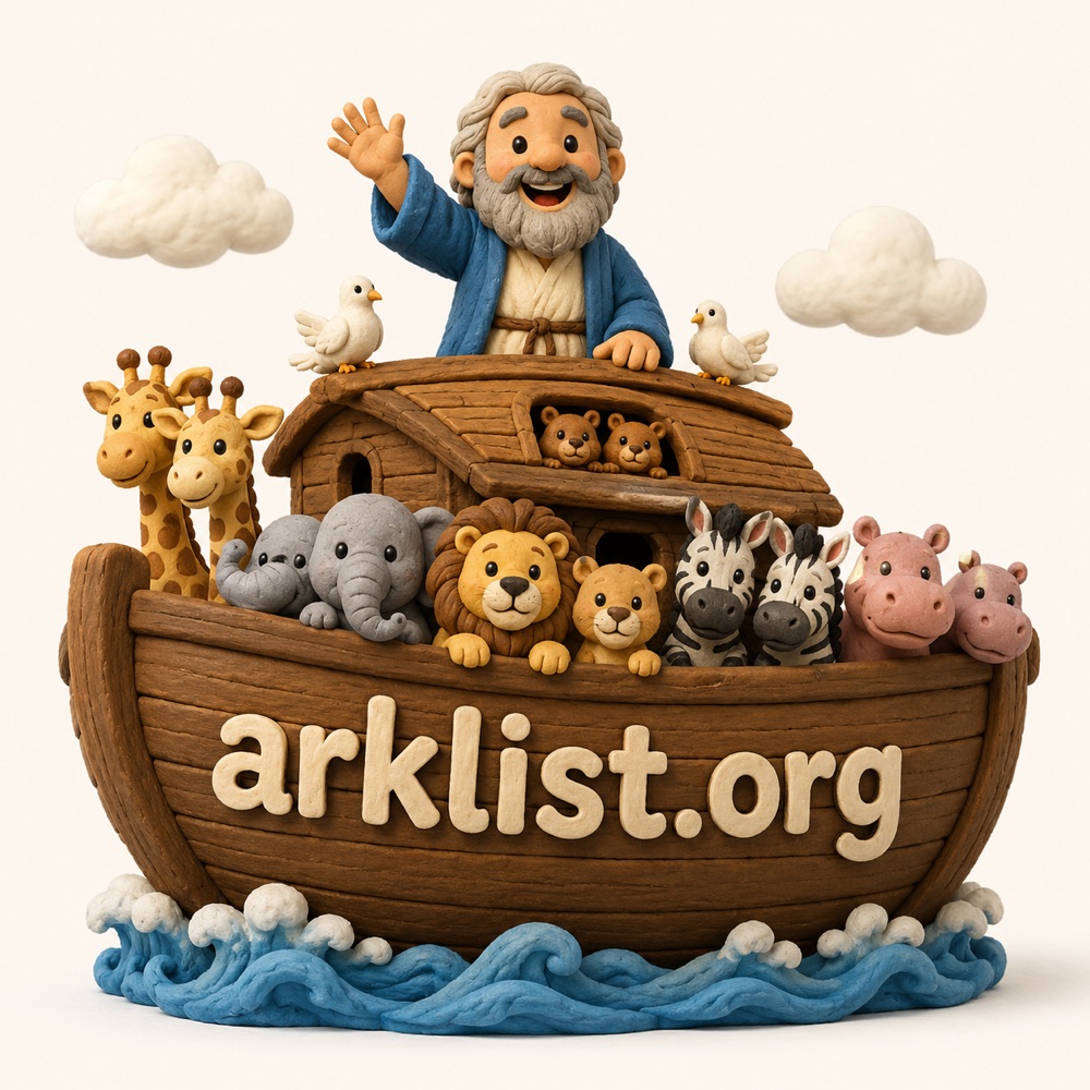 Noah waving from an ark full of smiling animals, with arklist.org on the hull